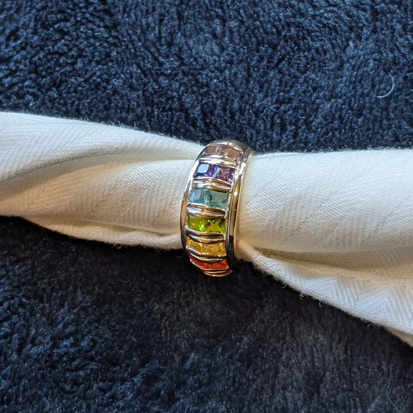 Crystal Multicolor Set Of Two Silver Rings Stackable EUC Trendy - Picture 5 of 12